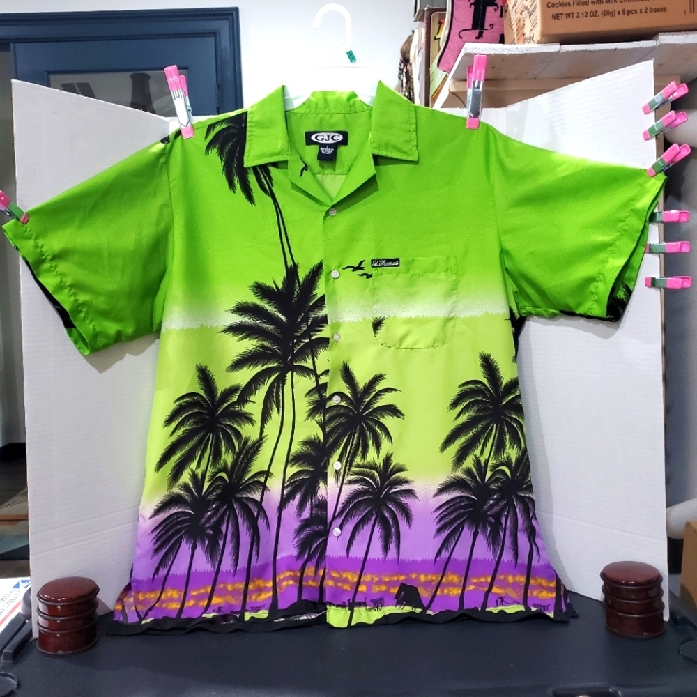 GJC St. Thomas Hawaiian Surfer Shirt Size L Men's Aloha Green Purple